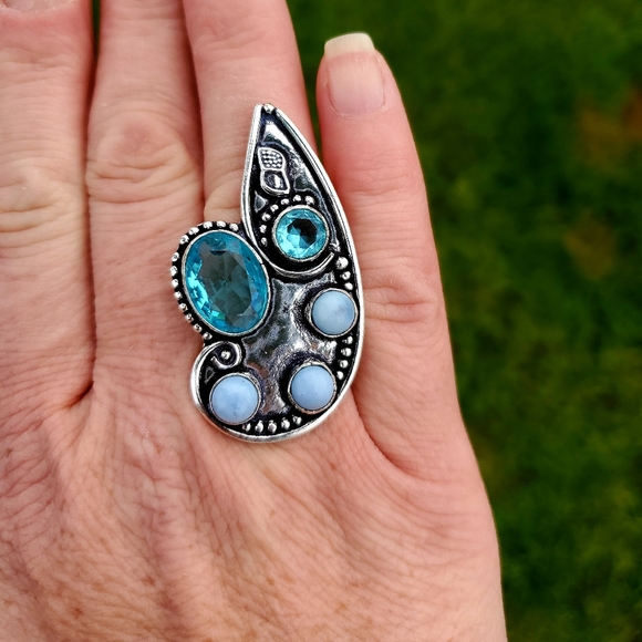 New Blue Topaz & Owyhee Opal Silver Statement Ring. - Picture 5 of 7